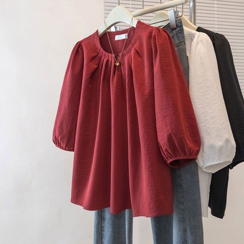 大きいサイズ韓国デザイン無地パフスリーブ Tシャツ女性のための 2025 春夏新作ルーズスリム七分袖トップ|undefined