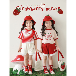 Wiribu Girls Cat Strawberry Series 2025 Летняя прохладная свободная футболка с короткими рукавами и шортами с вышивкой