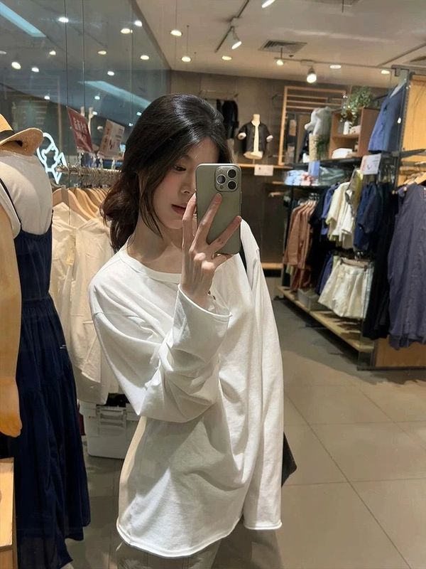小个子白色圆领正肩长袖t恤罩衫女夏季巨好看修身短款防晒衫上衣|undefined