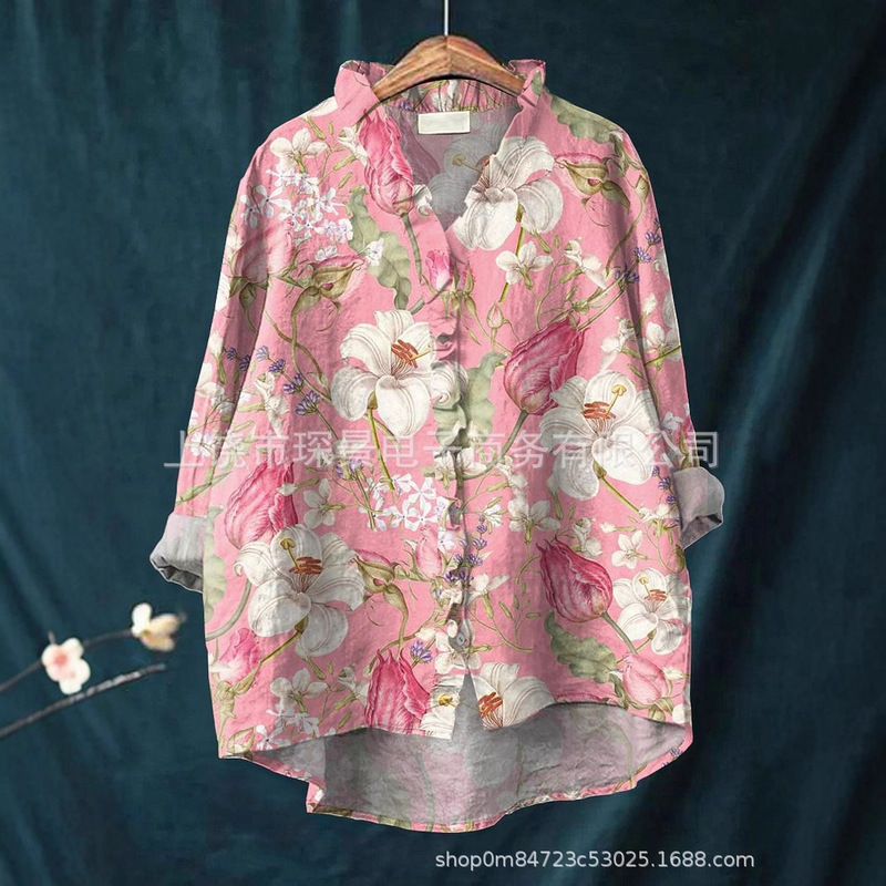 Cross-Border 2025 Summer Women's Clothing Amazon Aliexpress Printed Ruffle Shirt Casual Plus Size Women's Clothing Floral