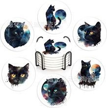 跨境亚马逊黑色月亮猫陶瓷防滑吸水隔热餐垫咖啡杯饮料杯杯垫