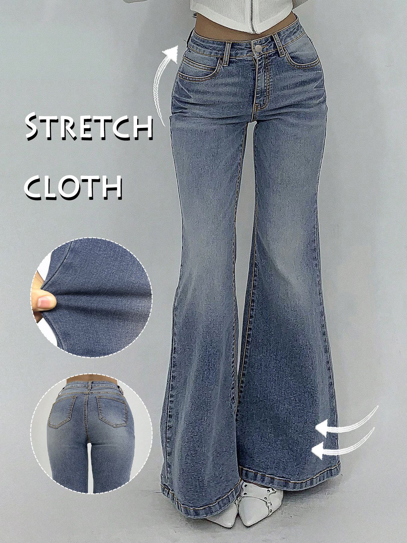 Women's Clothing High Waisted Flared Jeans, Street Style, Stretchy Slim Fit, With Pockets, Slightly Flared._ecoleips.com