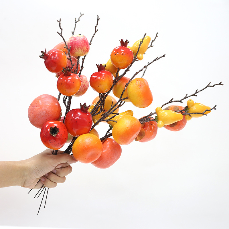 2026新年仿真花福桶插花桔子苹果柠檬柿子石榴春节居家插花摆件