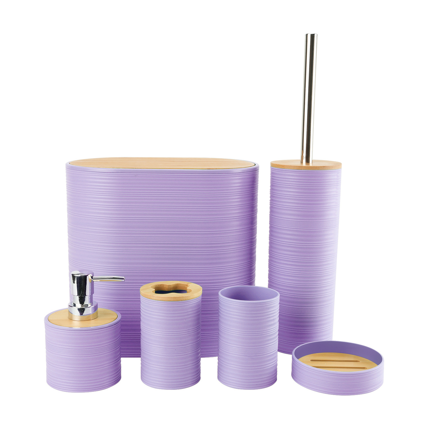 Tapa de bambú de patrón horizontal, baño, lavado de plástico, fabricante de seis piezas, almacenamiento de baño al por mayor, estante para enjuague, funda para cepillo de dientes