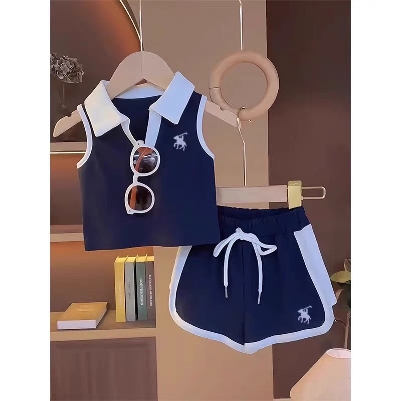 Summer New Style Girls' Preppy Style Polo Collar Vest Suit Girls' Sleeveless Outer Wear Fashionable Shorts Sportswear