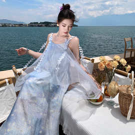 夏日绝美法式蓝色晕染网纱连衣裙假两件海边度假沙滩裙露背吊带裙