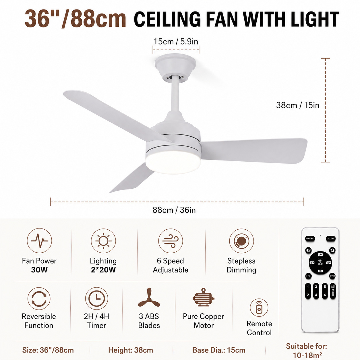 Ventilador de Techo con Luz de PC y ABS con Control Remoto para Dormitorio y Restaurante