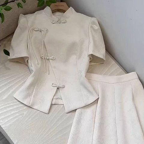 大码夏季新中式国风改良旗袍短袖短袖上衣女显瘦胖半身裙两件套|undefined