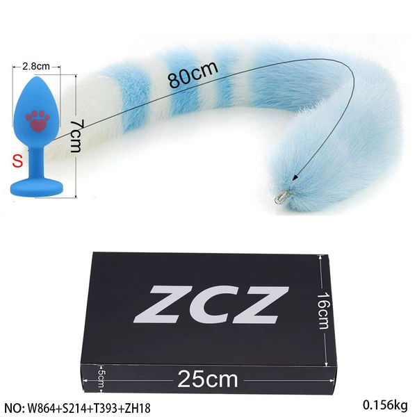 Small cat claw blue silicone + extra long white tail between sky blue