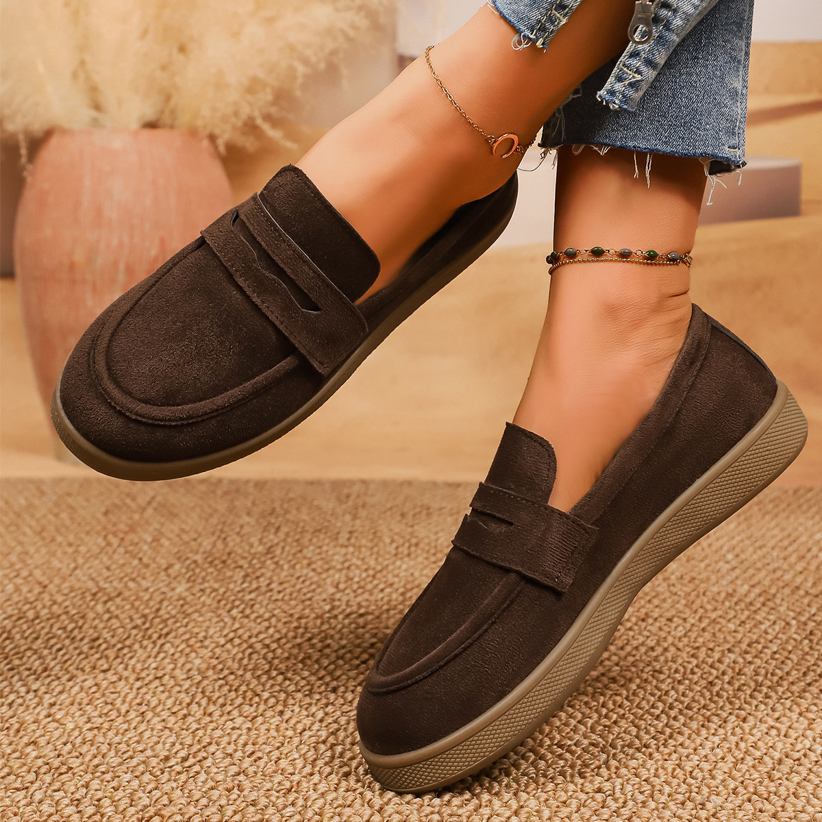 Women's Retro round Toe Thick Sole Slip on Low Top Loafers Spring plus Size Casual Shoes_voghion.com