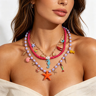 ZA summer natural ocean series conch seafood shell lobster seahorse pendant multi-layer necklace handmade women's necklace