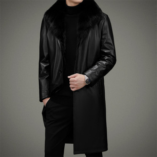 Haining first layer cow leather down jacket men's mid-length fox fur collar mink liner leather winter coat men's