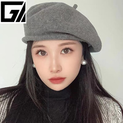 新款卷边光板羊毛贝雷帽纯羊毛舒适保暖毛绒帽秋冬时尚百搭画家帽