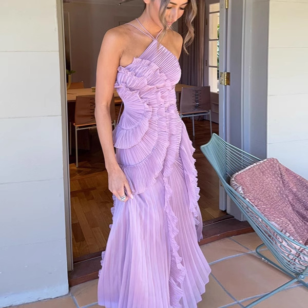 Ruffled Halter Neck Strap Dress European and American Cross-Border 2025 Spring Aliexpress New Socialite Style Multi-Layer Long Dress