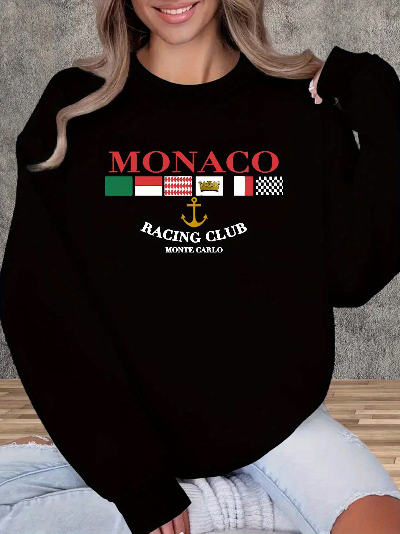 Women’s Monaco Print Casual Crew Neck Sweatshirt Pullover_voghion.com