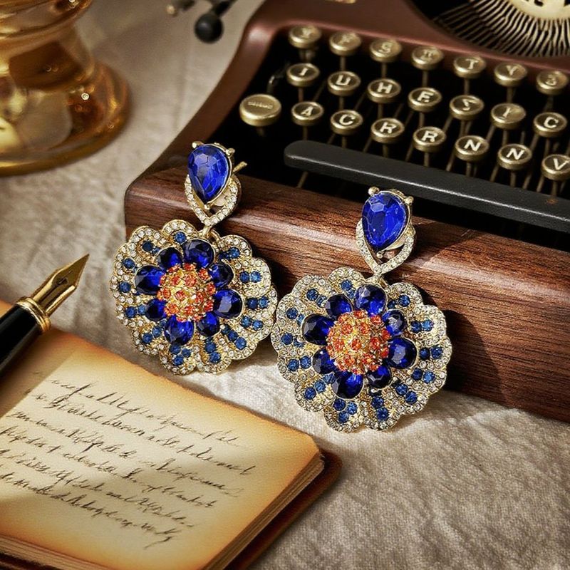 中古vintage镶钻花朵耳环 复古宫廷风气质耳坠优雅高级感耳饰批发|undefined