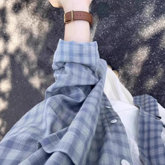 アメリカのレトロな青い格子のシャツの女性の夏の韓系のゆったりしている怠惰な上着の薄いタイプの日焼け止めのシャツの上着
