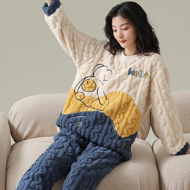 Pijamas de vellón de coral para mujer Otoño e Invierno engrosada franela forrada de vellón ropa para el hogar traje de dos piezas para mujer dibujos animados lindo