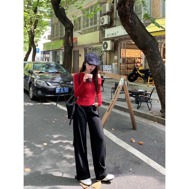 切糕自制小个子秋季设计感裤子女显高显瘦百搭休闲黑色阔腿牛仔裤|undefined