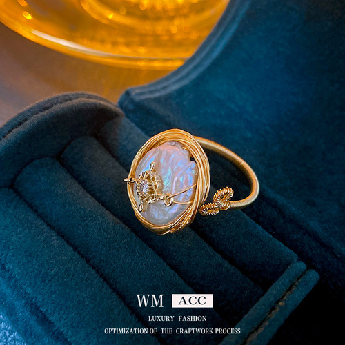Real gold electroplated zircon baroque pearl open ring fashionable and elegant retro index finger ring niche light luxury hand jewelry