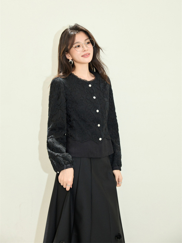 蕾丝拼接刺绣小香风马甲女春秋季假两件2025新款气质米白色衬衣|undefined