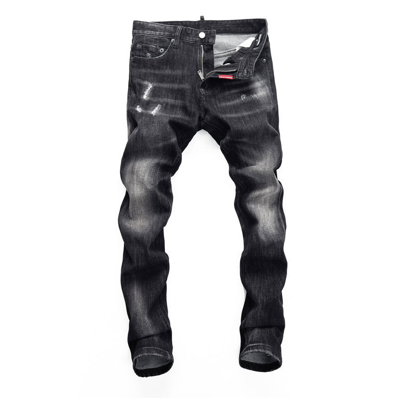 European Station Fashion High Street New Trendy Brand Men's Slim-fit Small-legged Jeans Distinctive Black Wear-out Denim Trousers