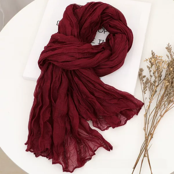 Solid Color Cotton and Linen Pleated Scarf, Literary Retro Silk Scarf, Versatile Cold-Proof Scarf for Women in Autumn and Winter, Sun Protection Shawl