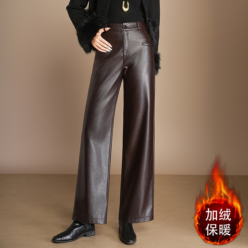 冬季新款时尚高腰皮裤阔腿裤女垂感宽松洋气加绒厚款休闲裤长裤子