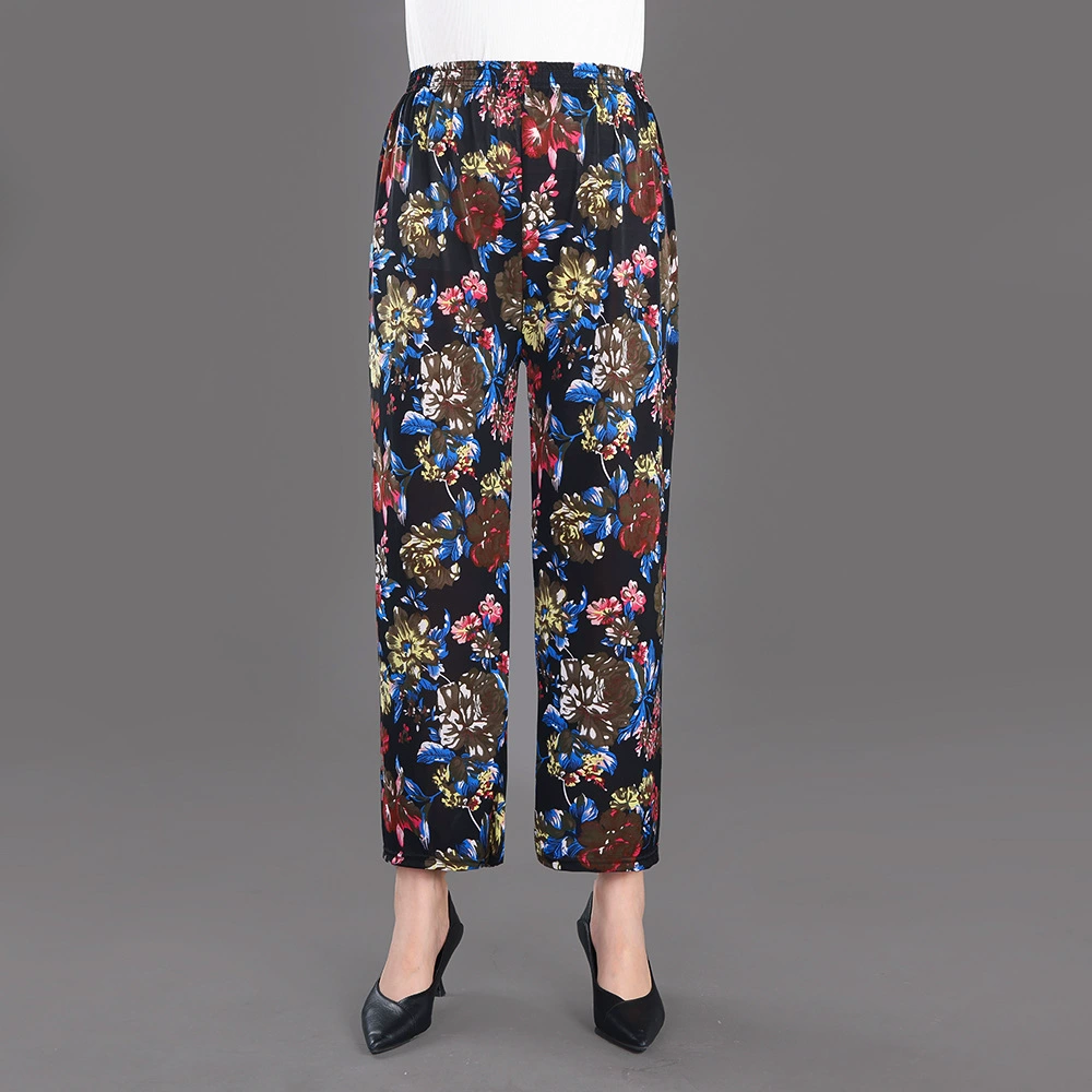 Summer light and thin breathable silk trousers for mother, loose straight fit