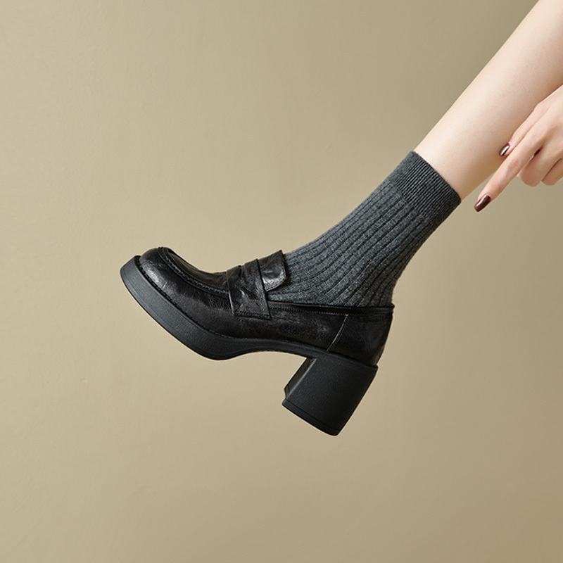 Soft Cowhide! 7.5cm Thick-Soled Chunky High-Heeled British-Style Loafers, New Spring/Summer Leather Shoes, Shallow-Mouthed Single Shoes Soft Cowhide! 7.5cm Thick-Soled Chunky High-Heeled British-Style Loafers, New Spring/Summer Leather Shoes, Shallow-Mouthed Single Shoes