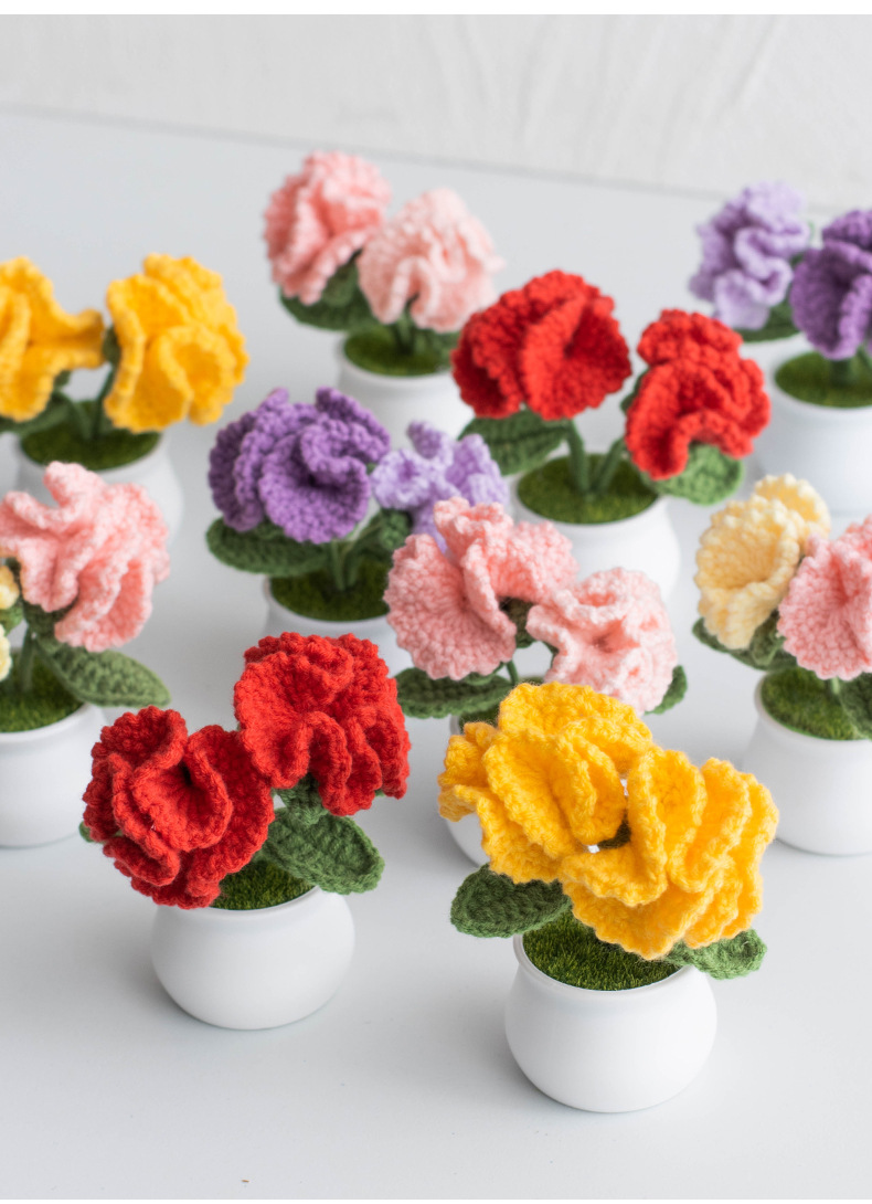 Hand-knitted double-headed carnation potted plants, finished woolen artificial flower ornaments, festival gifts, cross-border bestsellers at stalls pic 12