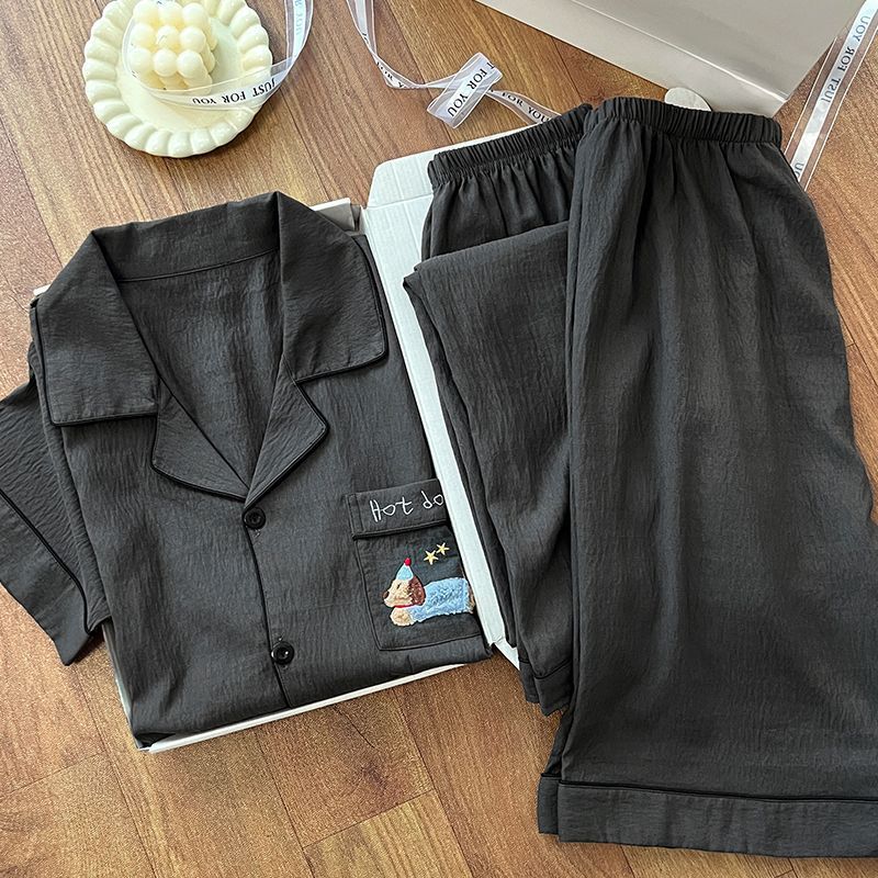 Verano nubes de algodón pijama de hombre dibujos animados té de leche perros bordados color sólido simple ropa casera de tres piezas set