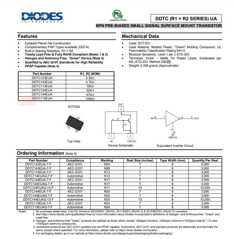 Транзистор DDTC114EUA-7-F DIODES/US Тайвань биполярный транзистор с предварительным смещением (PRE-BIAS)