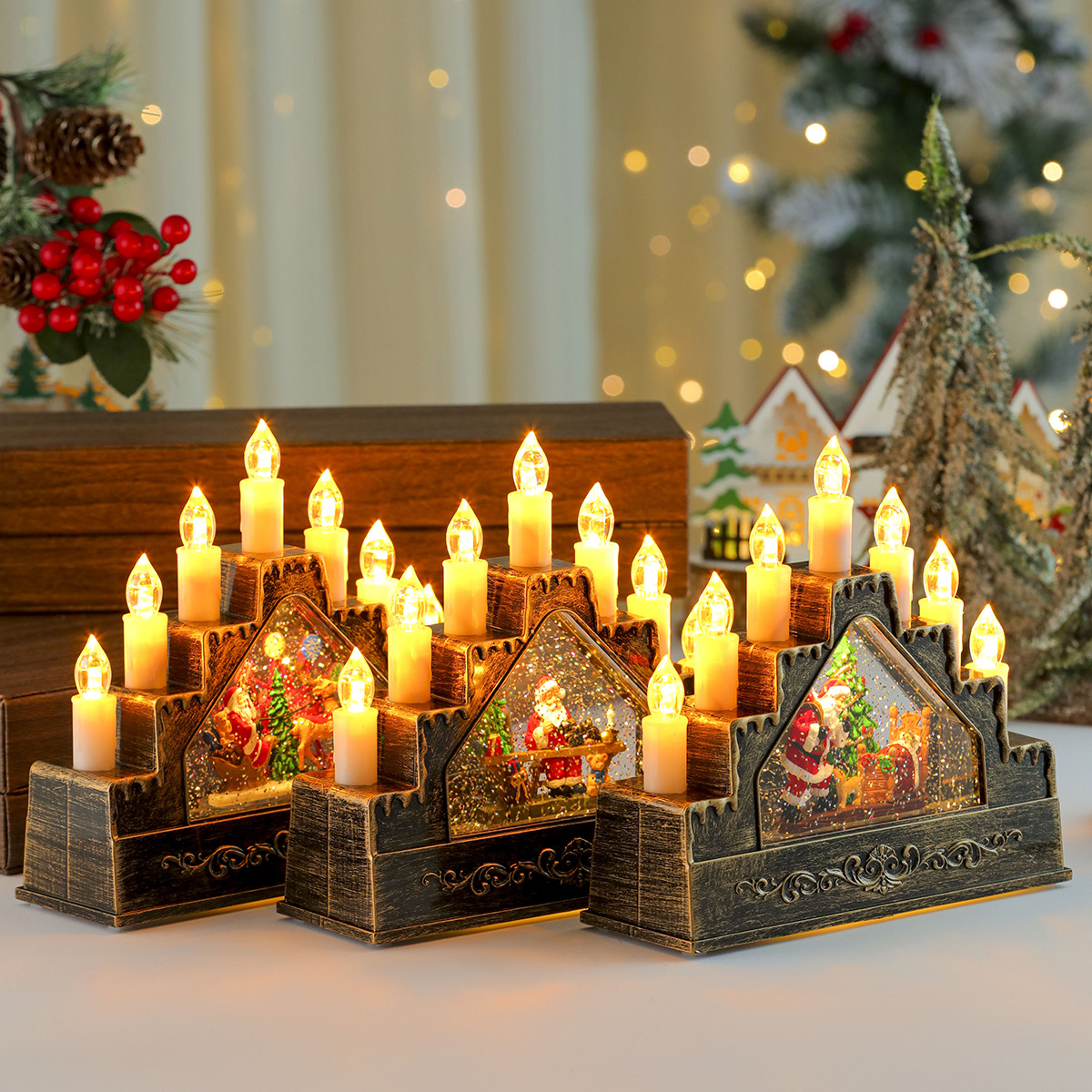 Nuevos productos creativos Inyección de agua Caja de música giratoria Luz de velas Decoración de la ventana del hogar del hotel Regalos de Navidad