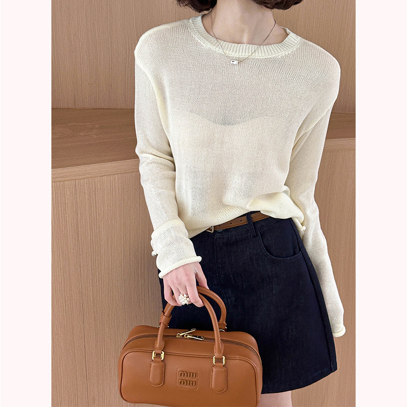 Orange and White Korean-Style Classic Round-Neck Knit Sweater, Simple and Casual Linen Base Top 069-1, with a Relaxed and High-End Feel