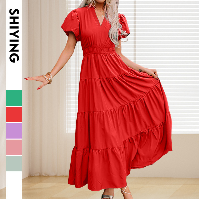 European and American Cross-Border Solid Color Dress Shein New Fashion Short Puff Sleeve Elegant High-Waisted Women's Long Dress