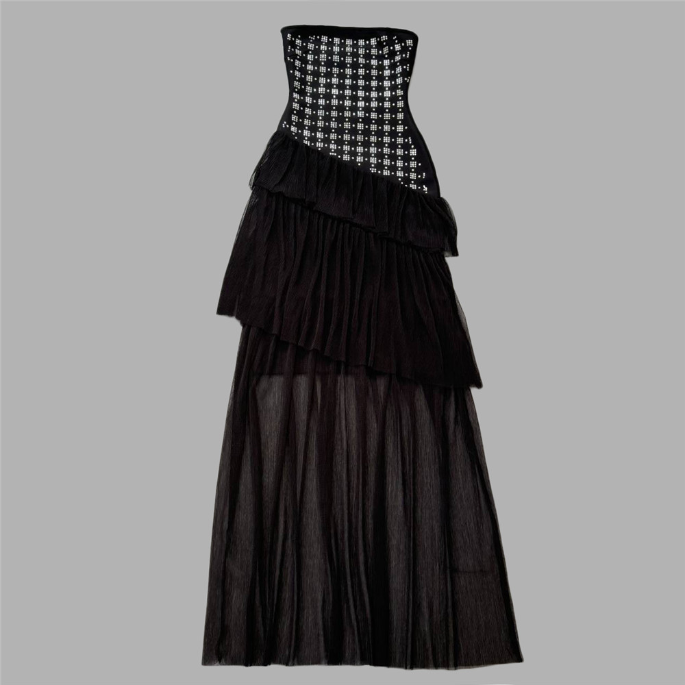 Special Interest Design Rhinestone Tube Top Bandage Dress Sexy Mesh Stitching Maxi Dress Party Dress