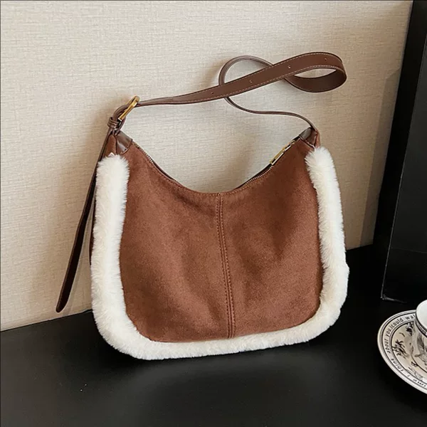 New Retro Suede Underarm Bag for Women 2025 Autumn and Winter Furry Bucket Bag Color-Blocking Shoulder Bag Versatile Crossbody Bag