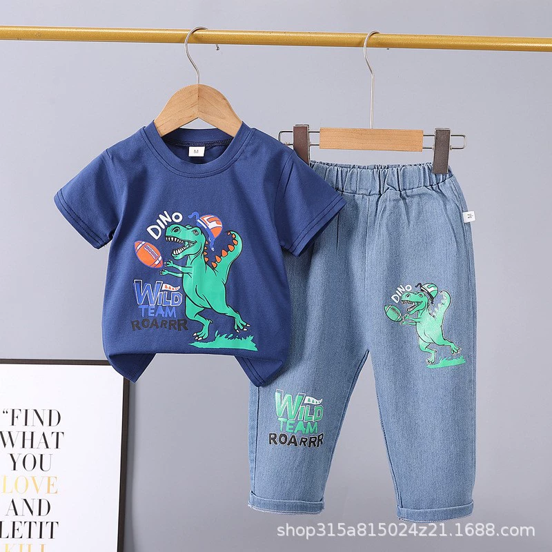 Летний детский denim комплект, мультяшные джинсы, с коротким рукавом, комплект из 2 предметов, 0-5 лет