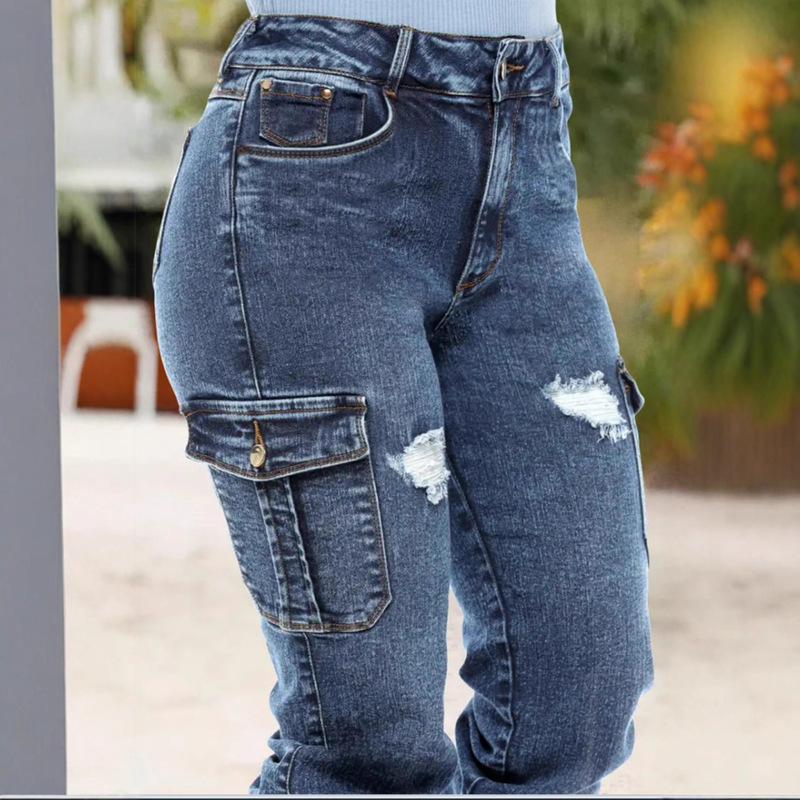 跨境Womenjeans美式破洞弹力紧身橡筋脚口多口袋工装裤修身牛仔裤|undefined