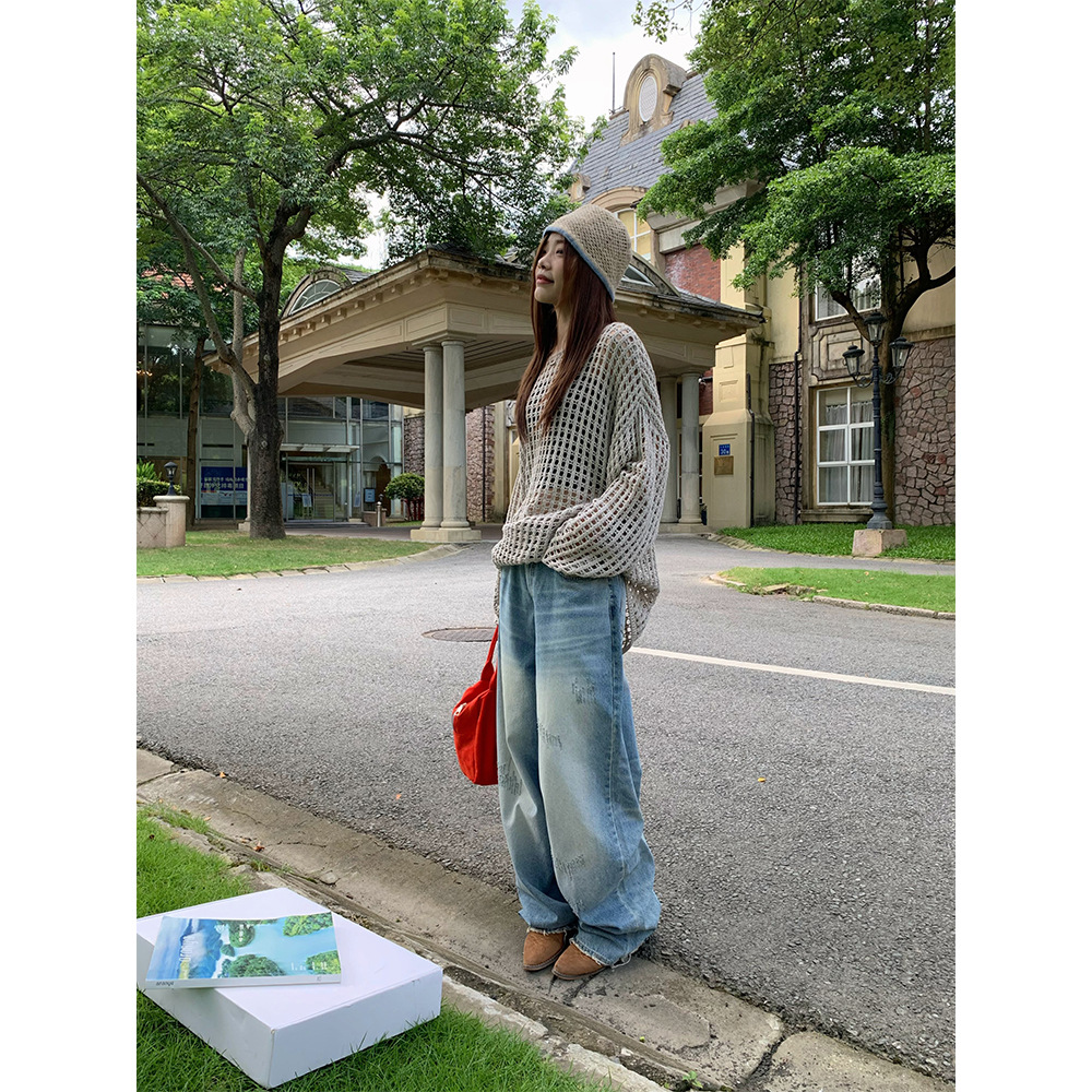 誉一新款2024秋季美式高街磨破宽松阔腿裤女复古休闲牛仔裤a9098