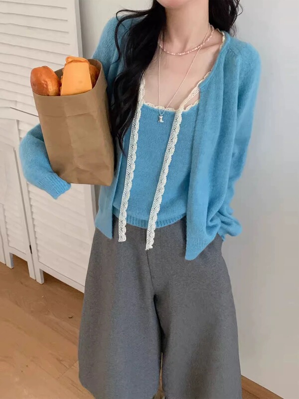 气质软糯蕾丝系带针织吊带开衫套装女2025早秋新款显瘦两件套上衣|undefined