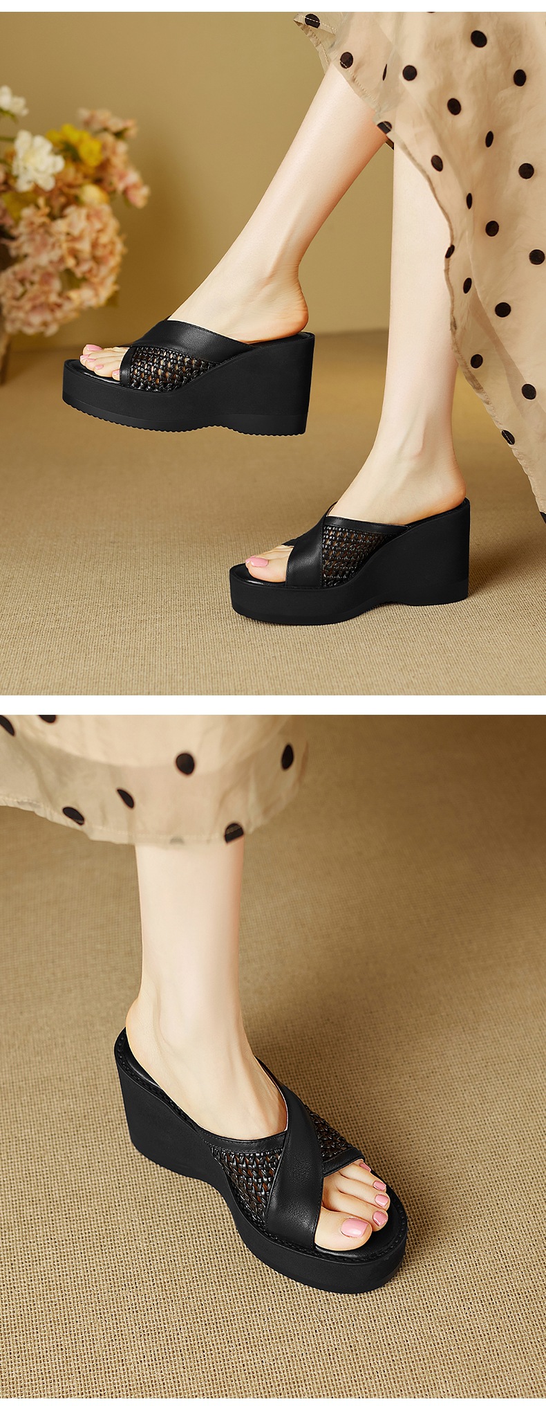 Sandal cao gót nữ mũi cá dày đế xuồng, chất liệu da bò đầu, thiết kế đan rỗng quai ngang — đen chi tiết 6