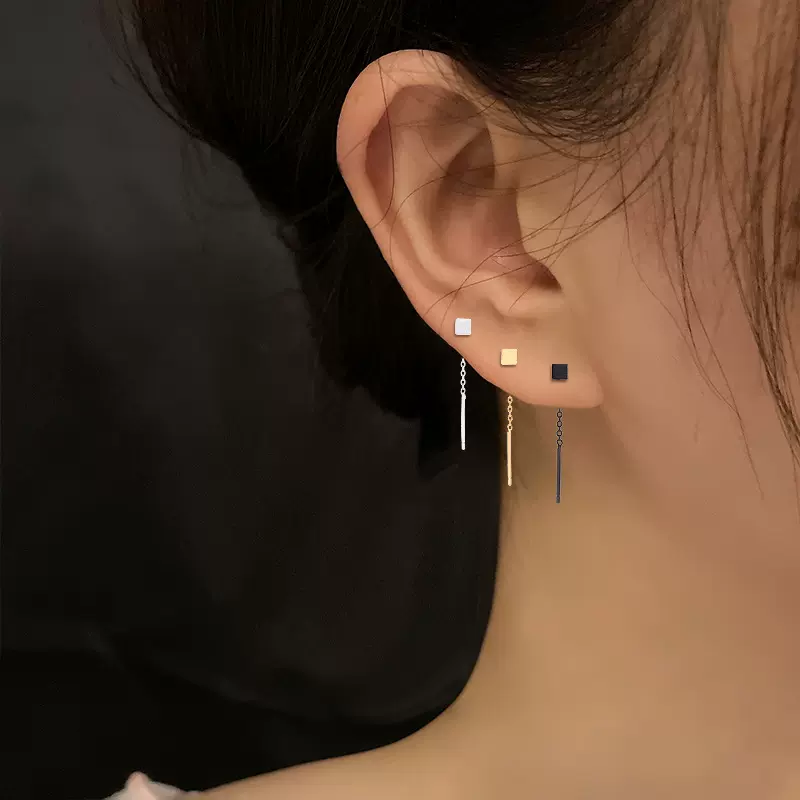 古猫宁 立体正方形几何耳环日韩简约素款耳链气质拉丝小方块耳线