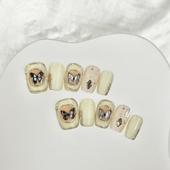 巴洛克蝴蝶冰透裸色極光閃鑽氣質美甲法式短款純手工穿戴甲甲片