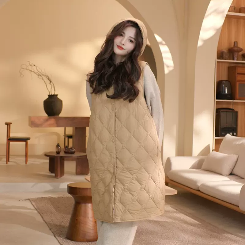 来西 连帽外穿羽绒马甲时尚中长款宽松小个子无袖秋冬季csjk01