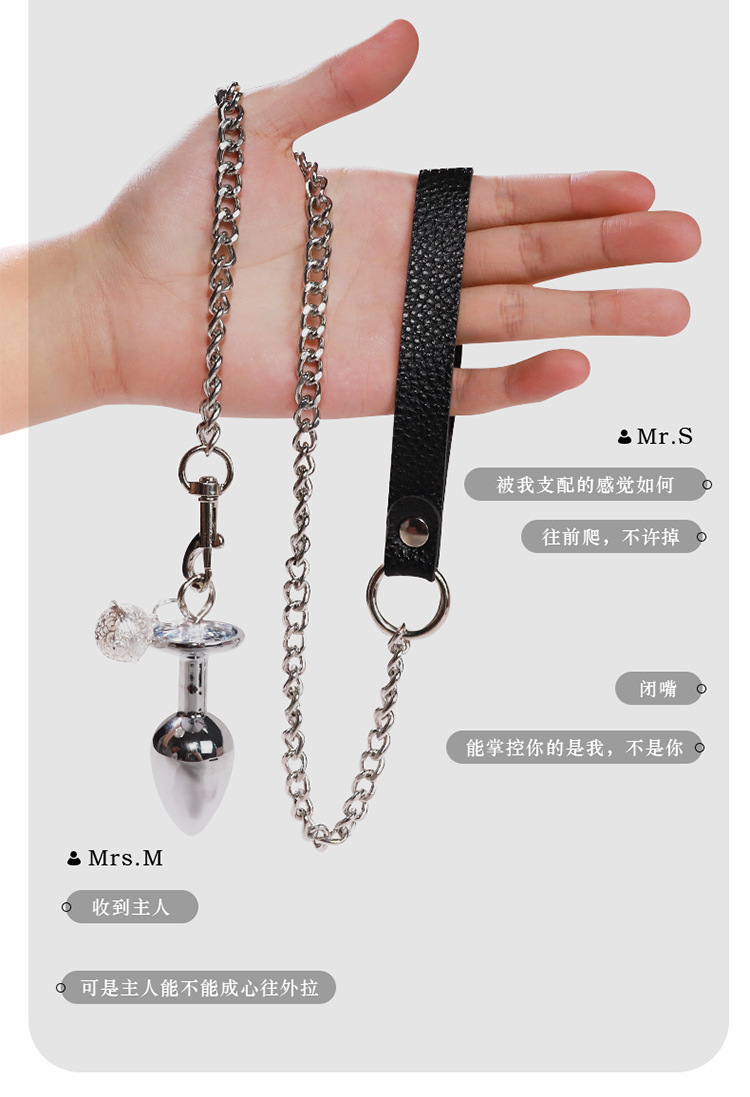 SM Metal Anal Plug with Leather Leash, Silver Bondage Beads Style Adult Toy — detail image 5