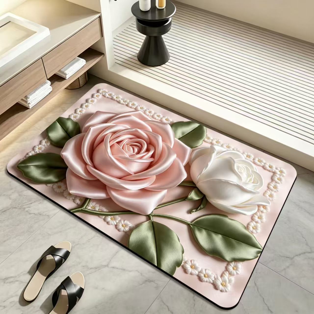 Cross-border dropshipping 3D visual floral diatomite bathroom mat, non-slip, water-absorbent, dirt-resistant, available in stock
