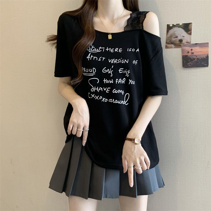 大きいサイズのレタープリントオフショルダー半袖Tシャツ女性用2025年夏新作ファットmmルーズスリミングファッショントップ女性用|undefined