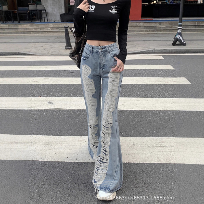Vintage Distressed Double-Layer Jeans 2025 Autumn New High-Waisted Washed Flared Straight-Leg Pants for Women
